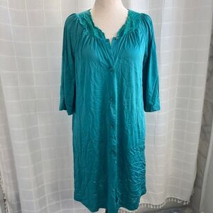 Vintage 1960s Shadowline Granny Robe Nightgown Floral Lace Detail Silky Teal